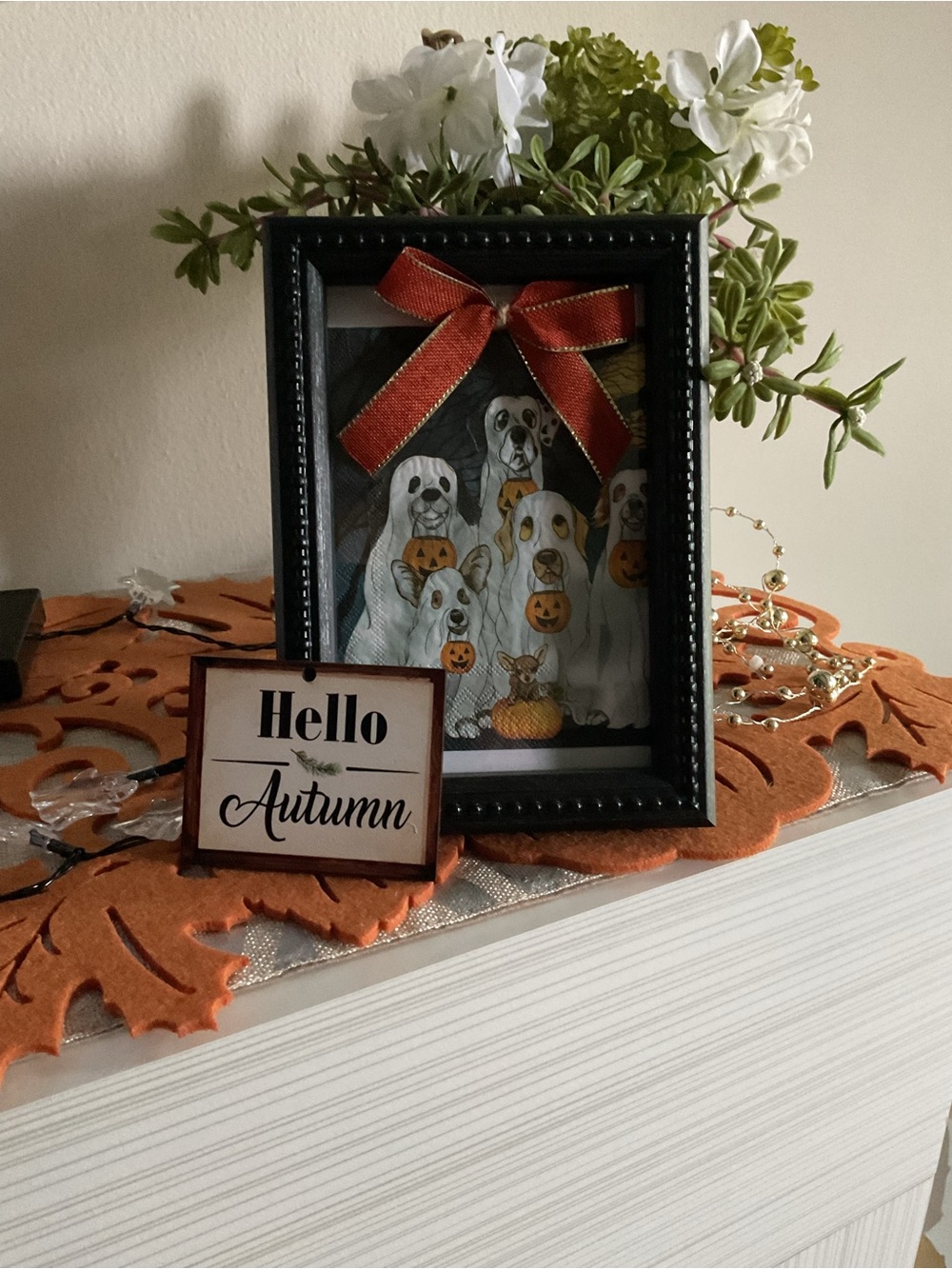Autumn Dog Portrait Frame with Orange Bow Accent Halloween  nonsmoking Home